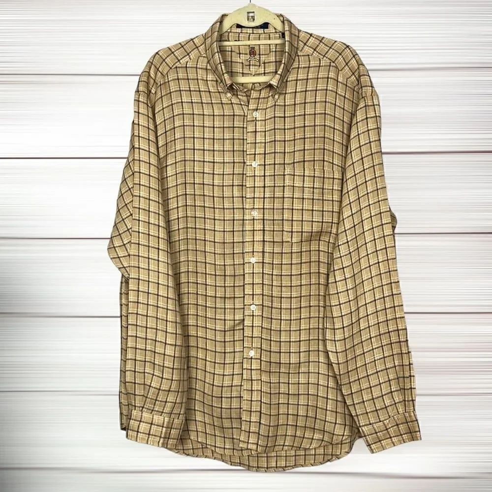 Tommy Hilfiger Linen Button Down Shirt Tan Brown Check Plaid Long Sleeve XL